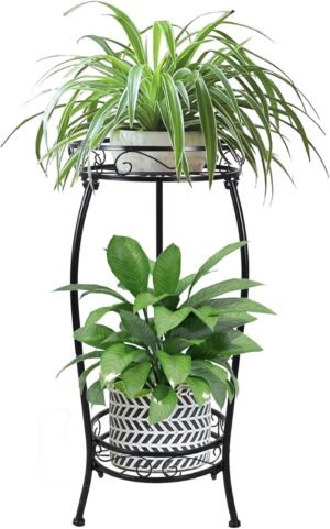 MOCORY Plant Stand Indoor Outdoor 2 Tier 25″ Tall Metal Potted Holder Flower Pot Stand Heavy Duty Plant Shelf Rustproof Iron Multiple Plant Round Supports Rack for Planter Corner Garden Balcony Patio