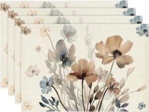 Artoid Mode Brown Poppy Floral Leaves Fall Placemats Set of 4, 12×18 Inch Seasonal Spring Table Mats for Party Kitchen Dining Decoration