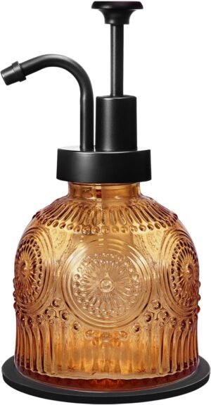 Amolliar 8 Oz Vintage Glass Bathroom Soap Dispensers with Pump, Refillable Kitchen Dish Soap Dispenser with Non-Slip Mat, Antique Rustic Hand Soap Liquid Bottle (Brown-Black Pump)
