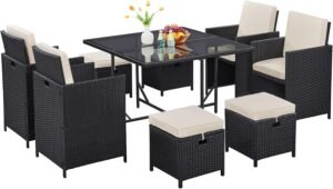 Yaheetech 9-Piece Patio Dining Sets, Outdoor Space Saving Rattan Chairs with Glass Table, Wicker Sectional Conversation Furniture Set with Removeable Cushions, Black/Beige