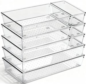 8 Pack Large Clear Plastic Drawer Organizer Bins – Acrylic Bathroom Drawer Organizer Trays – Heavy Duty Kitchen Drawer Dividers for Utensils – Non-Slip Storage Bins for Makeup, Bedroom, Office Desk