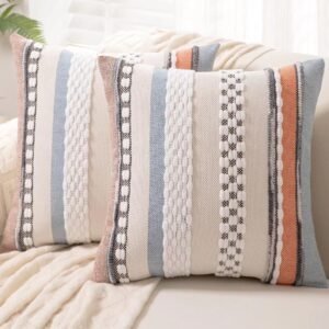 Boho Throw Pillow Covers 18×18 Set of 2 Farmhouse Decorative Cushion Case Striped Square Pillows Cover Chenille Pillow Cases Accent Neutral Pillowcase for Sofa Couch Bed,Orange-Blue