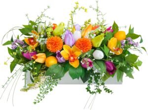Artificial Tulip & Dahlia Table Centerpiece Lifelike Faux Flowers with Decorative Lemons & Greenery, Spring & Summer Tabletop Decor for Dining Room, Kitchen Island, Coffee Table, Weddings & Home