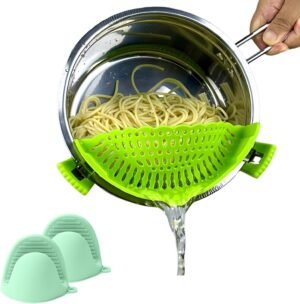 Clip on Strainer Silicone with Silicone Glove | Versatile for All Pans and Pots, Noodle Pasta Pot Strainer Silicone Colander for Vegetables Meat Fruit Spaghetti, Food Strainers (Green)
