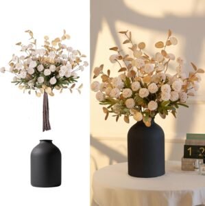 BLOSMON Fake Flowers Centerpieces for Tables: Gifts for Women Metal Vase with 12 Stems of Artificial Mums Kiku Eucalyptuses for Dining Room – Beige Faux Floral Arrangements in vase for Mothers Day