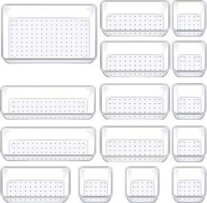 Manalete Drawer Organizers Set of 15, 4 Sizes Clear Plastic Drawer Organizers and Storage Bins for Kitchen, Bathroom, Office, Dresser Desk Drawer Organizer Tray for Jewelry, Makeup, Junk, Gadgets