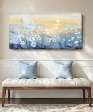 Blue Ocean Sunset Canvas Wall Art for Living Room Abstract Seascape Painting Coastal Beach Wildflowers Picture Natural Sea Landscape Print Sunrise With Yellow Orange Sky Seaside Artwork 20x40inch