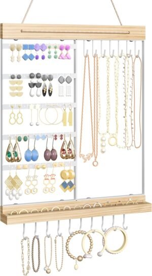 Feyejade Hanging Jewelry Organizer and Storage, 5-Tier White Earring Necklace Holder Jewelry Display Organizer Stand Rack, Wall Mounted for Earrings Necklaces Bracelets and Rings, White