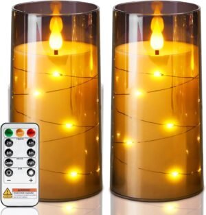 Homemory Flameless Candles with Embedded Star String Fairy Lights, Battery Operated Candles, LED Candle, Fake Candles with Remote Control and Timer, Grey, Set of 2(H 6″ 6″)