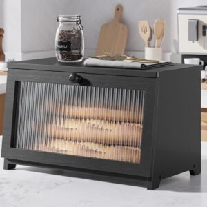 Kitsure Bread Box – Wooden Bread Box for Kitchen Countertop, Large Capacity Kitchen Countertop Organizer, Stylish Bread Storage with Window, Multi-functional Container, Black, 1-Tier