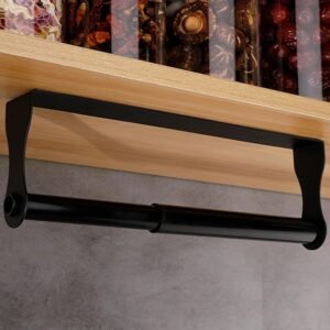 Paper Towel Holder, Black Stainless Steel Under Cabinet Wall Mount, Self-Adhesive Kitchen Roll Rack, Heavy-Duty Organization Storage