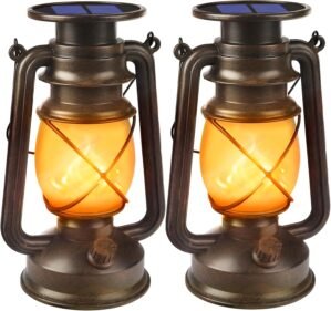 Wondrastical Solar Lanterns Outdoor Waterproof, 2 Pack Flickering Flame LED Hanging Lantern, Bronze Vintage Solar Powered Decorative Lights for Patio Porch Garden Yard Pathway Camping