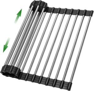 Expandable Roll Up Dish Drying Rack Over The Sink Rack, Foldable Dish Drainer Rack Stainless Steel for Large Sink, Silicone Rollable Collapsible Rack 18 Tube for Kitchen(Sliver,12.8” to 21.25”)