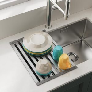 COOL-ANGLE Aluminum Roll Up Dish Drying Rack Over The Sink, 17.7″ x 13.4″ Rust-Proof Foldable Dish Drainer Mat, Heat Resistant Trivet & Kitchen Sink Cover, Fits Sinks up to 16.8″ Wide, Matte Gray