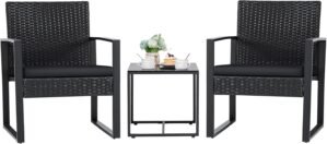 Flamaker 3 Pieces Outdoor Patio Wicker Furniture Set, Modern Rattan Chair Conversation Sets with Coffee Table for Yard and Bistro (Black)