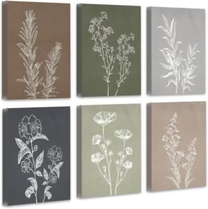 Drsoum Botanical Wall Art Framed Boho Wall Art Decor Wooded Minimalist Vintage Print Modern Rustic Farmhouse Home Kitchen Decor 8x10inx6pcs