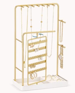 Lolalet Jewelry Organizer Stand, No Assembly Needed Display Storage with Rotating Earring Holder for Room Dorm Decor Necklace Bracelet Rings, Gifts for Mom Women Girls Mother’s Day -Gold