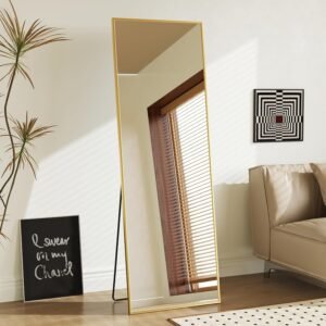 DUMOS Gold Full Length Mirror 59″x16″ Full Body Floor Mirror for Bedroom or Cloakroom, Can Stand Alone, Hang or Lean Against Wall, Tall Wall Mirror with Stand and Sleek Aluminum Alloy Thin Frame