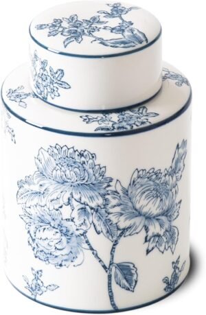 Ceramic Decorative Jars with Lid, Blue and White Ginger Jar for Home Decor, Cylindrical Vase Decor, 7.7×5.4 Inch, Flowers and Branches