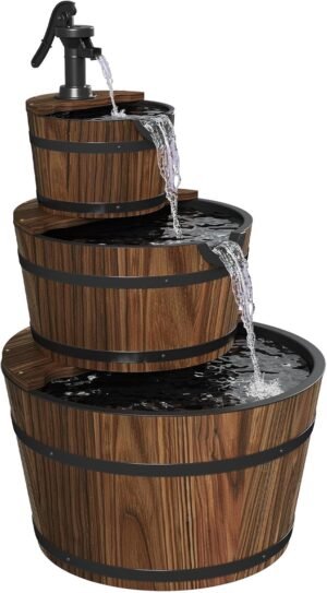 Aoxun 3-Tier Outdoor Water Fountain, Wood Barrel Cascading with Electric Decorative Hand Pump, Rustic Waterfall Fountain for Garden, Backyard, Patio, Porch, Yard