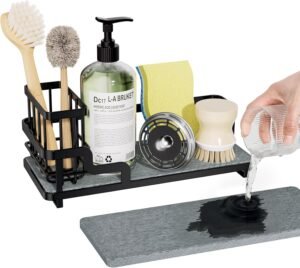 Consumest Sponge Holder for Kitchen Sink – Sink Caddy Organizer with Water Absorbing Stone Tray, Detachable Brush Holder, Stainless Steel Kitchen Counter Organizer Rack, Black