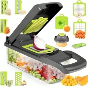 14-in-1 Vegetable Chopper & Mandoline Slicer with Container – Onion Chopper Dicer, Food Chopper with 8 Blades, Veggie Cutter for Salad, Potato, Carrot – BPA Free Kitchen Gadget, Dishwasher Safe