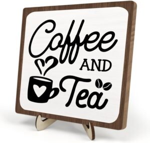 Coffee Bar Sign Plaque, Coffee Signs for Coffee Station, Vintage Coffee Sign Decor for Kitchen, Coffee Bar Accessories, Coffee Themed Gifts, Farmhouse Cafe Sign,Coffee & Tea Bar Decor Signs (White&Brown, 5.9×5.9inches)