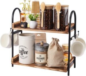 BDBDYEAY Coffee Bar Accessories, 2-Tier Coffee Bar Organizer with 4 Coffee Cup Holder Hooks, Mul-tifunctional Wooden Beaded Coffee Station Countertop Stand Shelf for Kitchen Home Office
