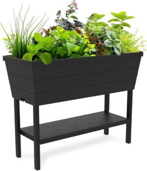 Keter Urban Bloomer 12.7 Gallon Raised Garden Bed and Outdoor Herb Garden Planter with Self Watering Gauge and Drainage Plug, Dark Grey