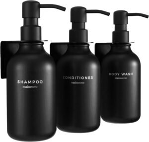 Shampoo and Conditioner Dispenser Wall Mounted Set of 3 Black – No Drill Shower Soap Dispenser for Bathroom Refillable – Spa Hotel Style Accessories by MaisoNovo