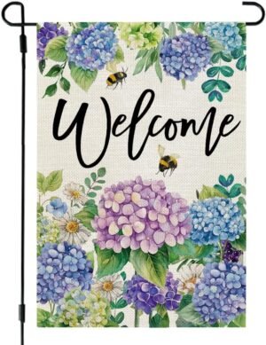 CROWNED BEAUTY Spring Garden Flag Floral Hydrangea Double Sided 12×18 Inches Small Burlap Welcome Holiday Seasonal Yard Decoration for Outside Porch CF1751-12