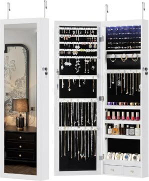 DUMOS 6 LEDs Mirror Jewelry Cabinet, Wall or Door Mounted Jewelry Organizer, 47.2-Inch Tall Lockable Large Capacity Cosmetic Storage, Gift Idea, White