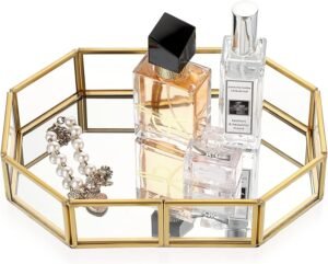 Hipiwe Mirror Glass Vanity Tray – Gold Ornate Makeup Tray Vintage Octagonal Perfume Tray Dresser Trays Jewelry Trinket Organizer for Bathroom Storage Trays for Home Decor