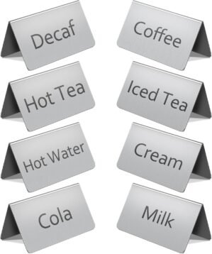 Stainless Steel Coffee and Tea Tent Signs, Table Beverage Display Sign for Party Buffet, Restaurant Banquet, Wedding Indoor Outdoor, Business, 8 Pieces