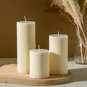 Conelist Ribbed Pillar Candles Set of 3, Width 3″ High 4″ 6″ 8″ Large Soy Wax Orchids Scented Pillar Candles Aesthetic Ribbed Modern Home Decor for Bathroom Living Room(Cream)