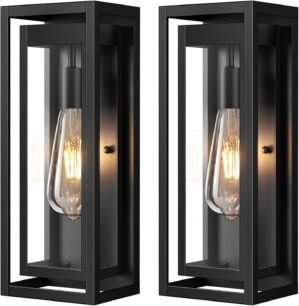 15″ Large Outdoor Wall Lights, 2 Pack Matte Black Outdoor Sconces, Modern Waterproof Exterior Lighting Fixtures with Clear Glass Shade for Front Door, Porch, Garage