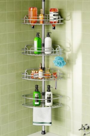 HAMITOR Corner Shower Caddy Tension Pole: 4-Tier Rust-Resistant Adjustable Bathroom Organizer Shelves – 47-121 Inch No-Drill Quick Installation – Space-Saving Storage for Renters Family – Silver Gray