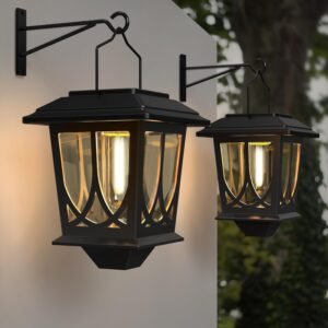 Solar Lanterns Outdoor Waterproof 2 Pack, Glass Auto On/Off LED Hanging Solar Lights, Outdoor Lantern with Wall Mount for Yard Fence Patio – Black