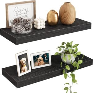 Fixwal Floating Shelves for Wall, 15.7″ Wood Wall Mounted Shelves for Living Room, Bedroom, Bathroom and Kitchen, for Storage, Books, Room Decor (Black, Set of 2)