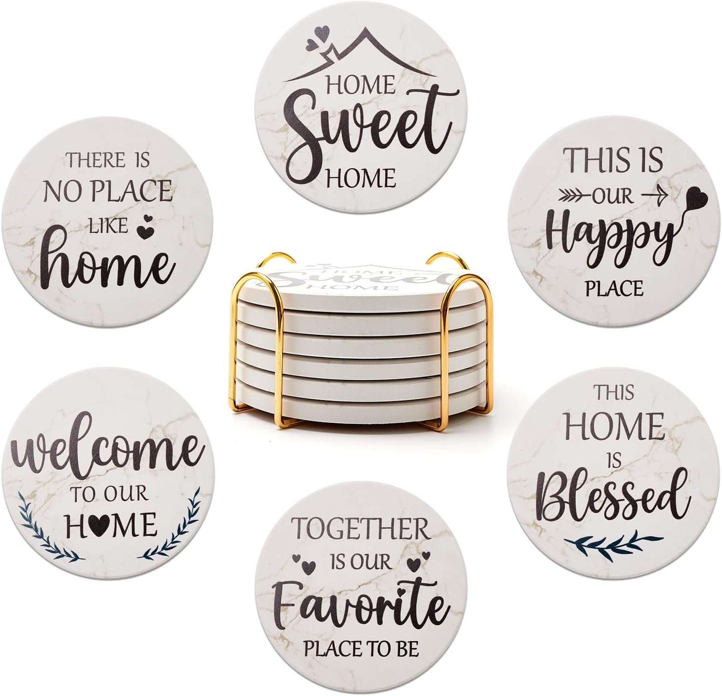 Housewarming Gifts for New Home Coasters Farmhouse Coffee Table Decor Set of 6 Pack Ceramic Cup Coaster Modern House Warming Gift Decorations Coster Cute Marble Drink Coasters Set