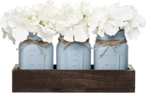 Mkono Mason Jar Centerpiece Decorative Wood Tray with 3 Painted Jars Artificial Flowers Rustic Country Farmhouse Thanksgiving Decoration for Coffee Table Dining Room Living Room Kitchen