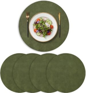Artoid Mode Olive Green Faux Leather Placemats Set of 4, 15 Inch Waterproof Wipeable Heat Resistant Vinyl Place Mats, Reversible Table Mats for Kitchen Dining Decor