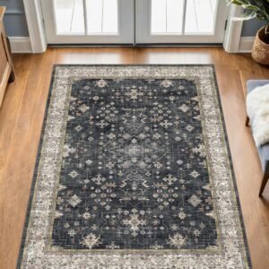 Large 3×5 Entryway Rug Indoor – Washable Non-Slip Low Pile Ultra Soft Area Rug for Large Kitchen, Bedroom Bedside, Mudroom – Distressed Boho Modern Aesthetic Geometric Decor, Ashen/Multi