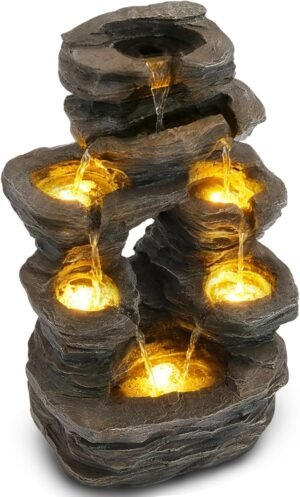Outdoor Fountain with LED Lights, 7-Tier Cascading Rock Fountain, 23.6″ H Fountains and Waterfalls with Stone-Look for Garden, Patio, Yard Decor