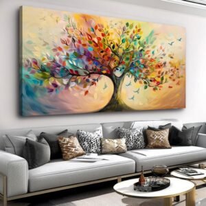 Vibrant Tree of Life Wall Art Colorful Framed Canvas Print for Living Room, Bedroom, Dining Room, or Home Office Modern Ready to Hang Decor,Nature Inspired Home Decoration – 20″x40″
