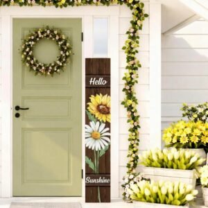 Threehoney 47″ Large Spring Porch Sign Sunflower Daisy Welcome Sign Wooden Tall Spring Porch Decor Leaner Rustic Farmhouse Front Door Decor for Holiday Outdoor Home Yard Entryway Gift