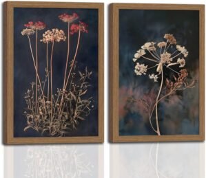 2Pcs Framed Vintage Wall Art Prints, Retro Moody Floral Botanical Canvas Painting Farmhouse Decor, Dark Classical Flower Prints Canvas for Bathroom, Bedroom, Living Room, Gallery 12×16