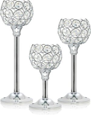 Set of 3 Silver Crystal Metal Tealight Candlestick, Bling Bowl Candelabras, Tall Votive Candle Holders Elegant Candle Centerpiece for Dining Table Wedding Decor