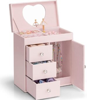 VLANDO Musical Jewelry Box for Girls – Valentines Day Gift for Kid – Large Kid Music Box with Ballerina for Birthday Bedroom Decor, 4 Layer Girl Jewelry Gifts for Girls Kids – Light Pink