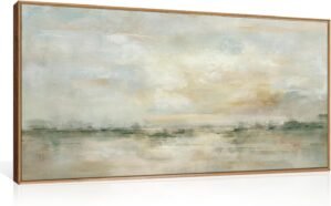 LHIUEM Large Abstract Green Gray Pastel Framed Canvas Wall Art,Neutral Landscape Wall Decor,Modern Watercolor Lake Artwork,Beige Textured Illustrations Art for Living Room,Bedroom,Office- 20″x40″x1